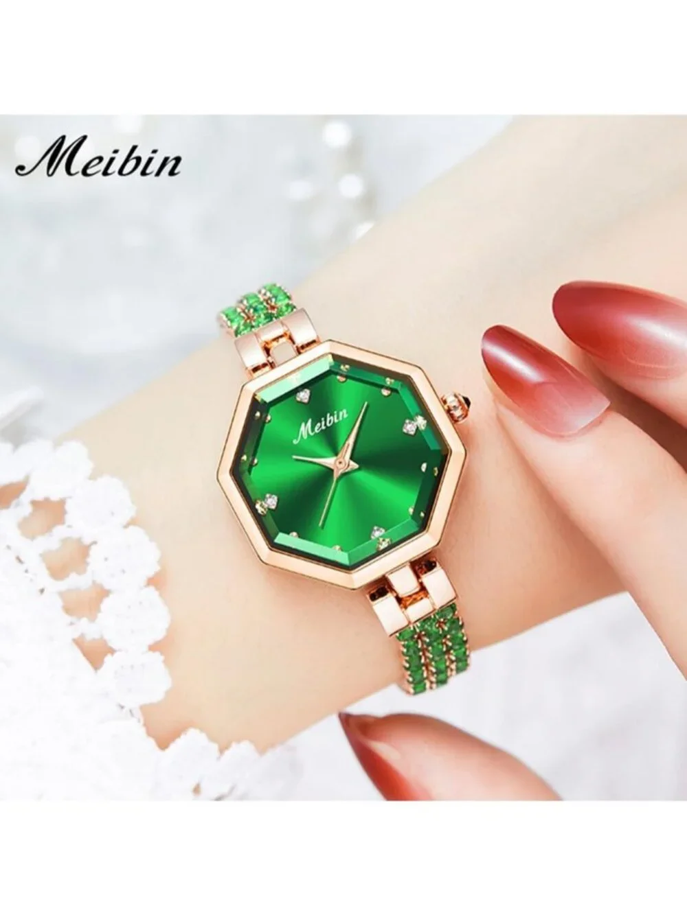 Women's Green Crystal Diamond Bangle Ladies Bracelet Luxury Oval Gold Wristwatch
